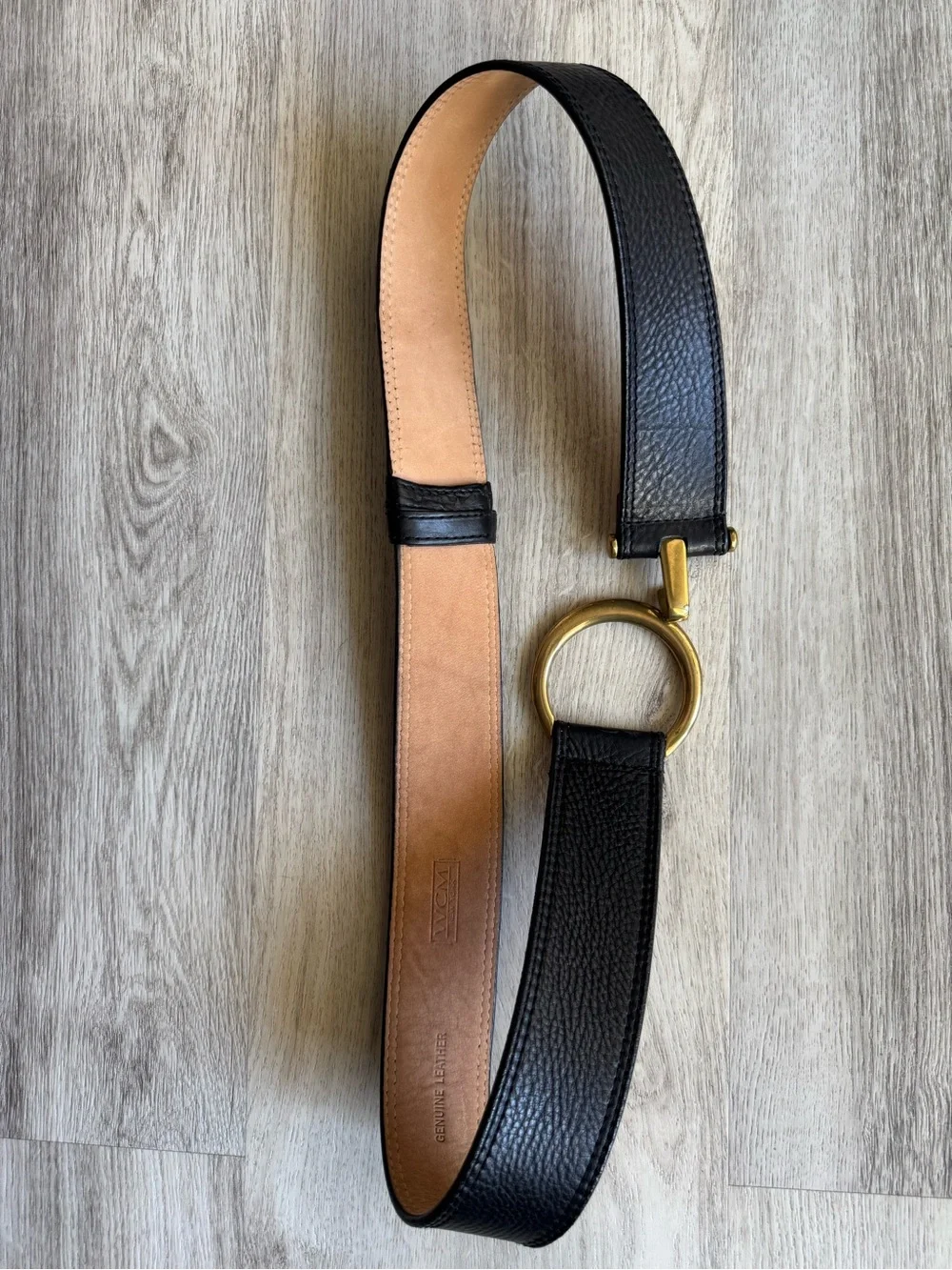 WCM New York Leather Black & Gold Tone Metal Boho Large Hook & Buckle Belt LARGE